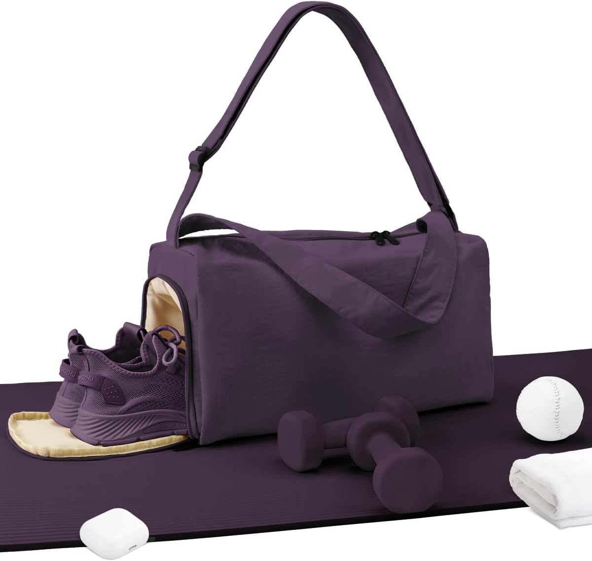 Small Gym Bag for Women with Shoes Compartment, Stylish Duffle Travel Bag for Plane, Lightweight Duffle Bag for Women & Men, Sport Gym Tote Bag with Wet Pocket for Yoga, Pilates, Swimming, Dark Purple