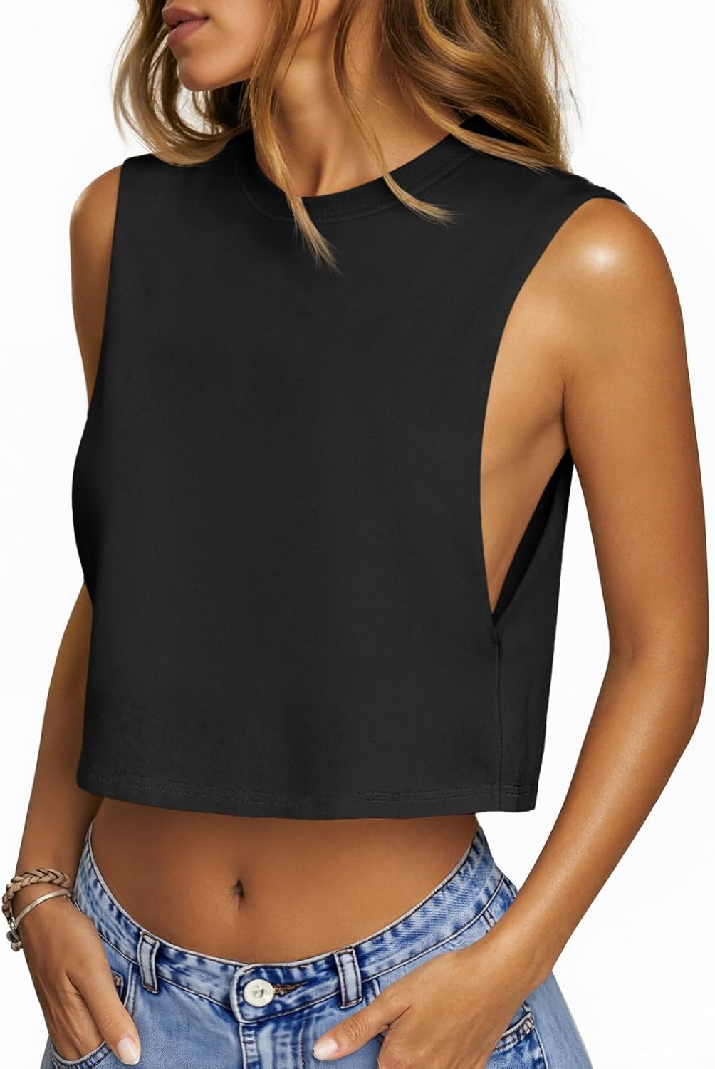 Womens Workout Cropped Tank Tops Boxy Loose Fit Casual Sleeveless Shirts Athletic Crew Neck Summer Basic Tees