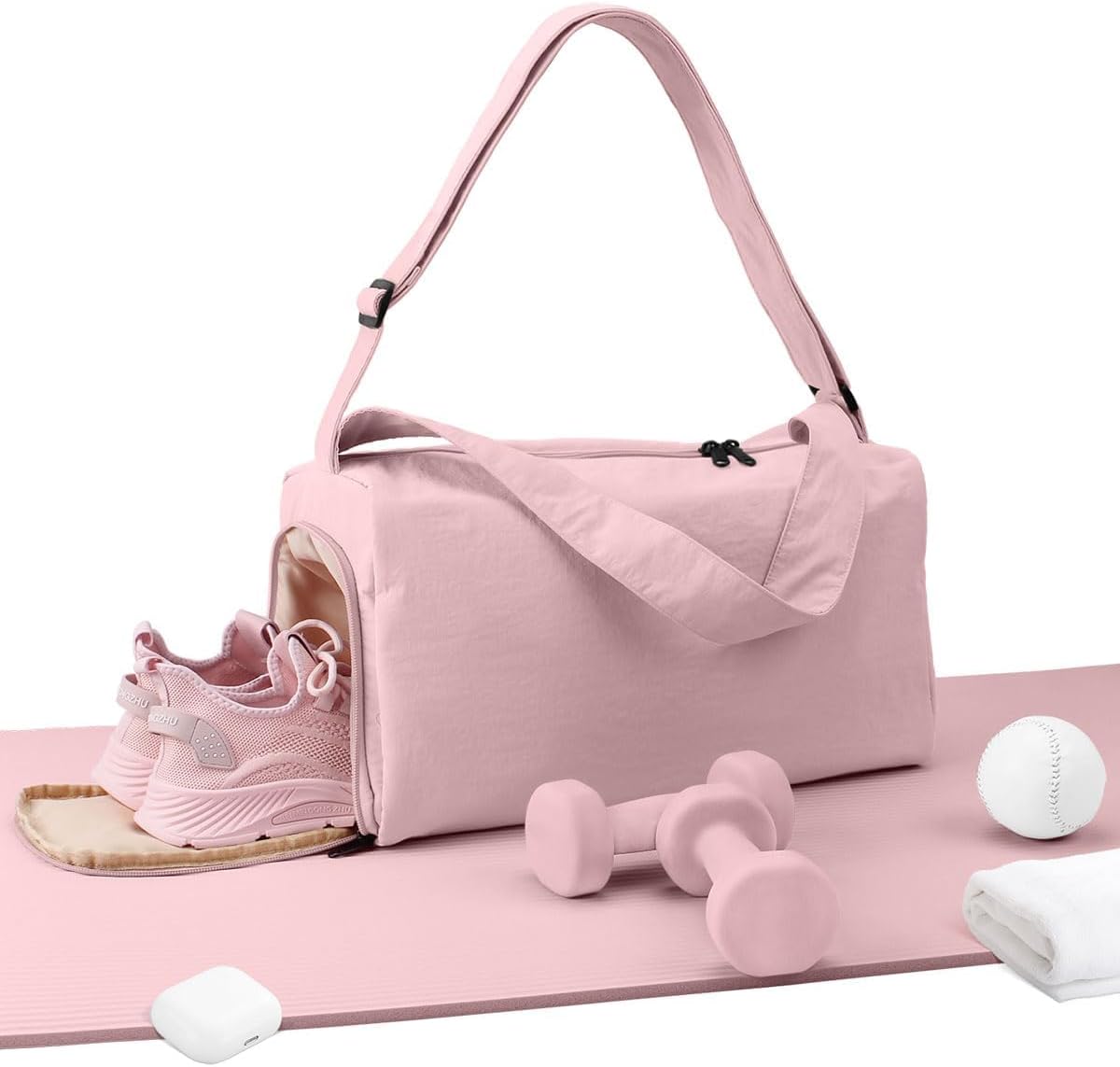 Small Gym Bag for Women with Shoes Compartment, Stylish Duffle Travel Bag for Plane, Lightweight Duffle Bag for Women & Men, Sport Gym Tote Bag with Wet Pocket for Yoga, Pilates, Swimming, Pink