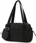 Mini Gym Bag for Women, Small Gym Tote Bag Puffy Quilted Sports Duffel Bag with Wet Compartment and Coin Purse Duffel Bags Dance Yoga Workout Bag for Gifts, All Black, Mini-12.6", Tote