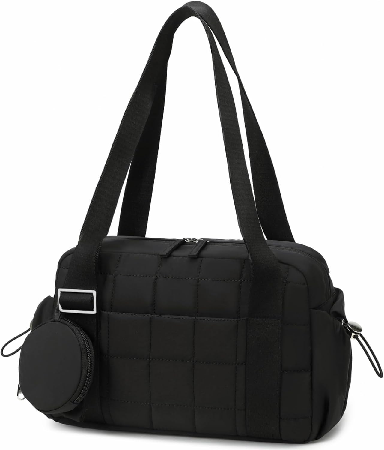Mini Gym Bag for Women, Small Gym Tote Bag Puffy Quilted Sports Duffel Bag with Wet Compartment and Coin Purse Duffel Bags Dance Yoga Workout Bag for Gifts, All Black, Mini-12.6", Tote