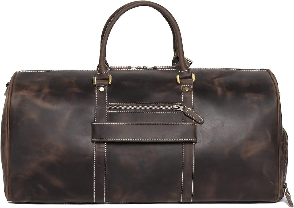 Mens Leather Duffel Bags Sport Vintage Leather Travel Gym Bag Weekender Overnight Classic Gift Genuine Gym Overnight Carry On Bag, Dark Brown, 22 Inch, Leather Weekend Bag