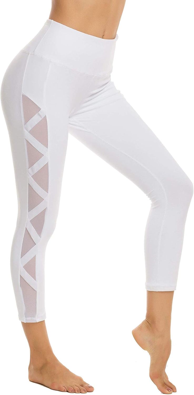 Women's Mesh Leggings Yoga Pants with Pocket, Non See-Through Capri High Waisted Tummy Control 4 Way Stretch