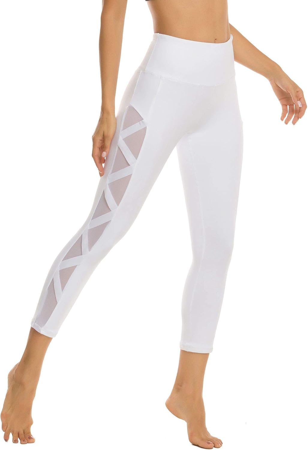 Women's Mesh Leggings Yoga Pants with Pocket, Non See-Through Capri High Waisted Tummy Control 4 Way Stretch