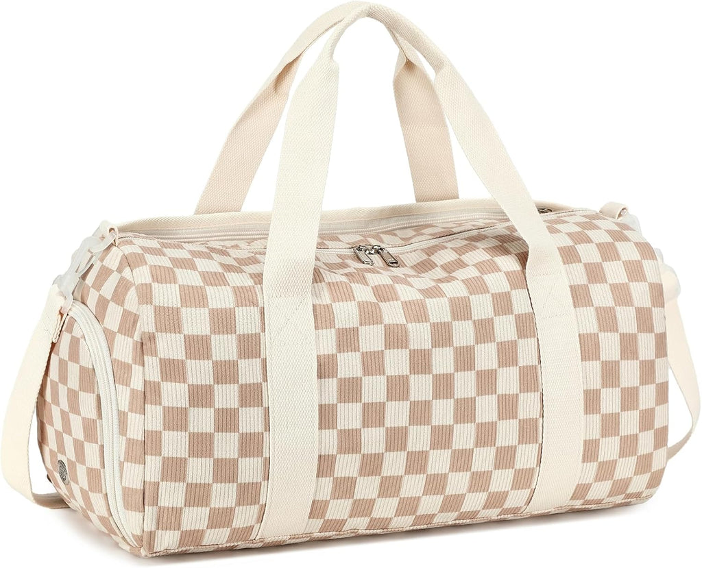 Duffle Bag Girls Kids Cute Gym Bag with Shoes Compartment & Wet Separation Waterproof Sports Overnight Travel Bag, Corduroy Brown white check
