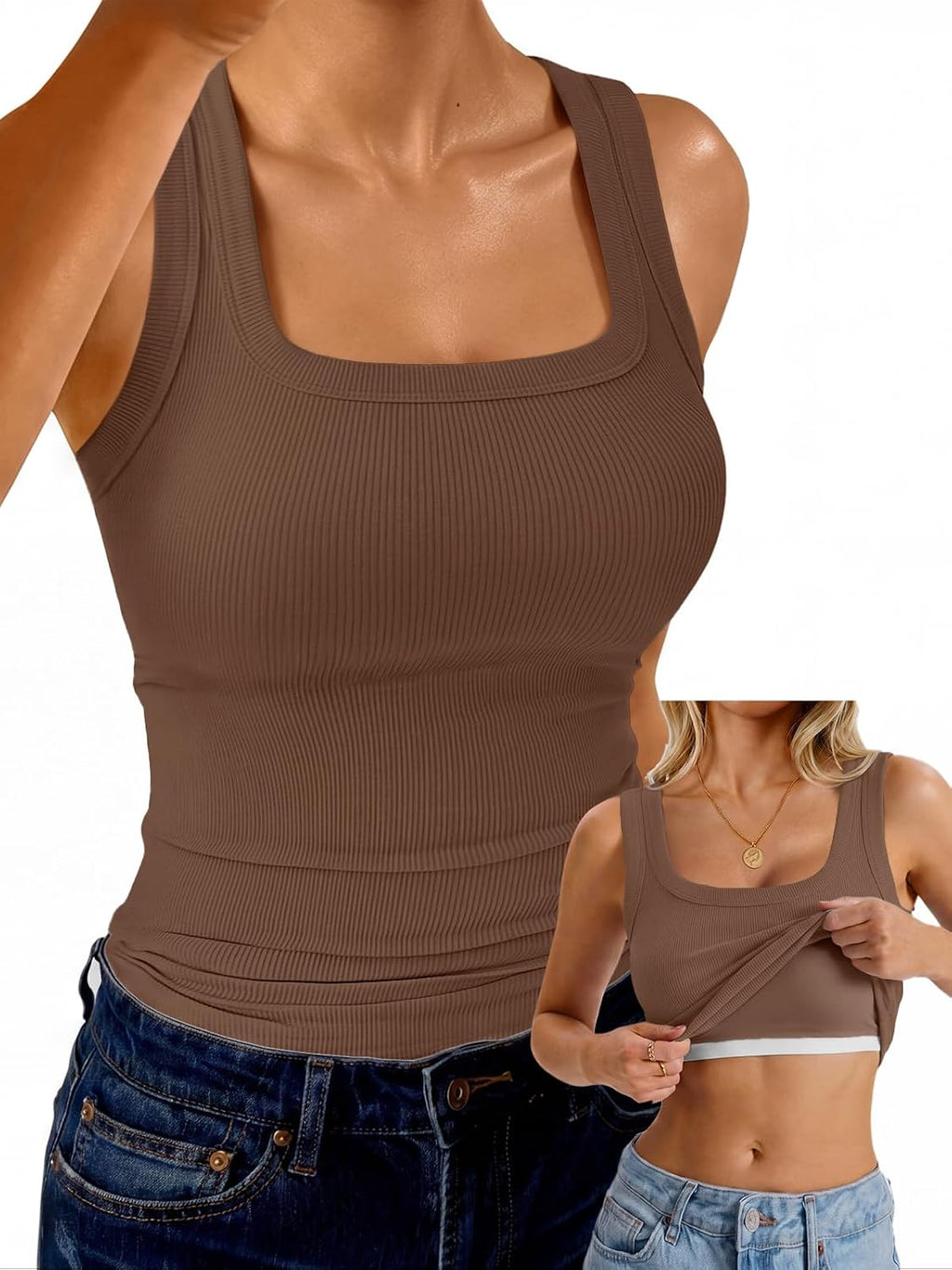 Womens Built in Bra Tank Ribbed Square Neck Racerback Sleeveless Tops