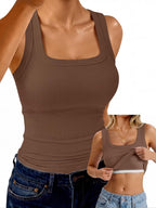 Womens Built in Bra Tank Ribbed Square Neck Racerback Sleeveless Tops