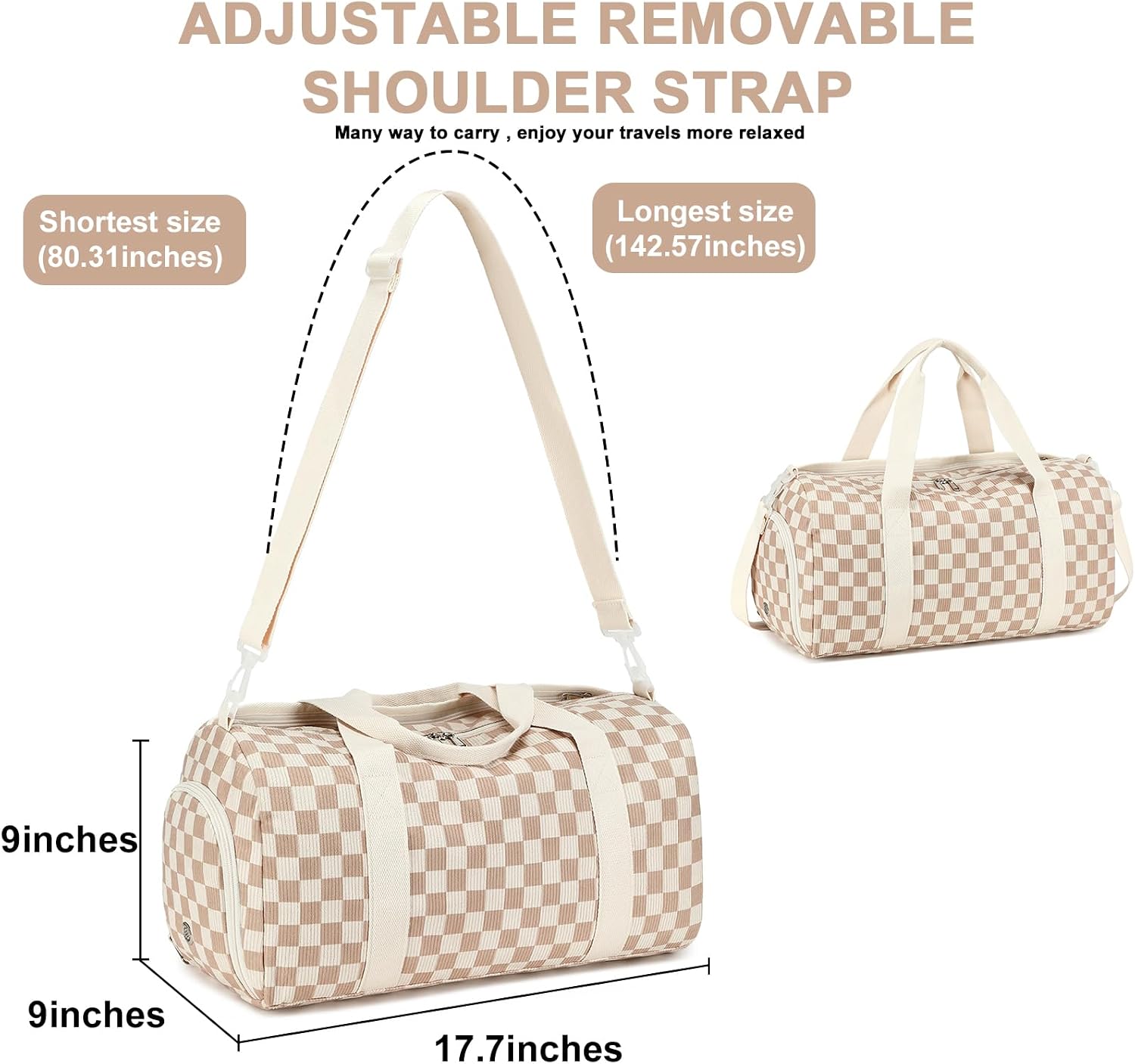 Duffle Bag Girls Kids Cute Gym Bag with Shoes Compartment & Wet Separation Waterproof Sports Overnight Travel Bag, Corduroy Brown white check