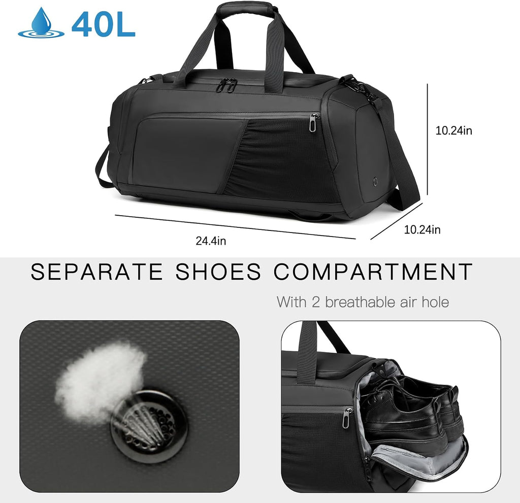 Gym Bag for Men with Shoes Compartment - 40L Duffle Bag for Travel with Wet Pocket & Laptop Compartment,Waterproof Carry On Sports Bags Gym Backpack with Water Bottle Holder, Black, 22 x 10.2 x 10.2