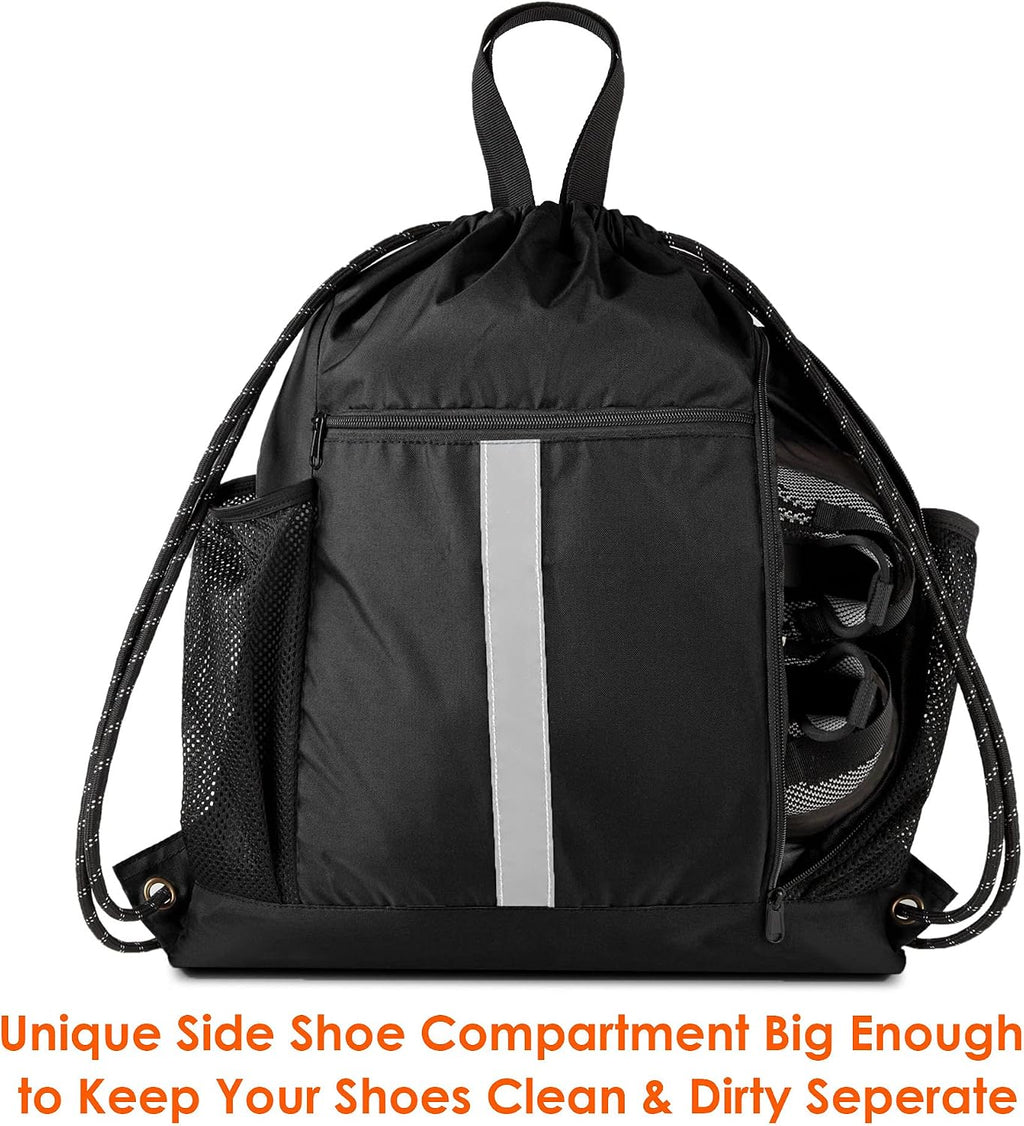 Drawstring Backpack Sports Gym Bag With Shoe Compartment and Two Water Bottle Holder