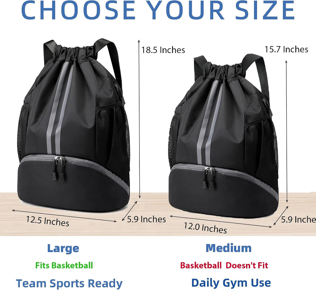 Drawstring Backpack Gym Bag with Shoe Compartment for Soccer, Basketball, Swim and Beach, Ideal for Men and Women