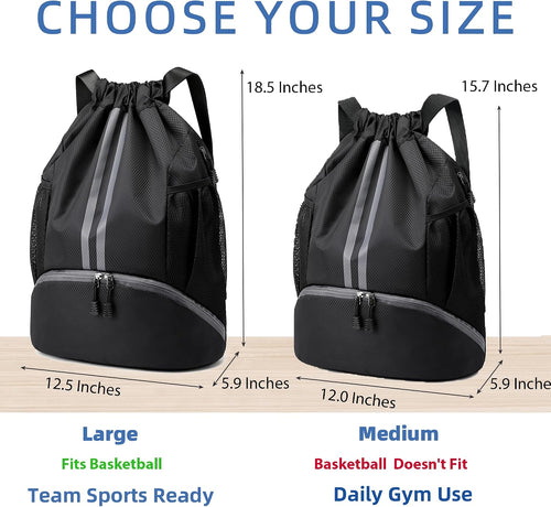 Drawstring Backpack Gym Bag with Shoe Compartment for Soccer, Basketball, Swim and Beach, Ideal for Men and Women